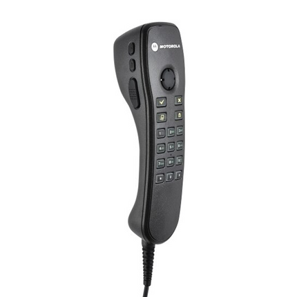 Front view of the Motorola HMN4097A telephone-style keypad handset and hang-up cup.