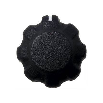 Top view of the black plastic Hytera HYT-11530000000046 volume knob component.