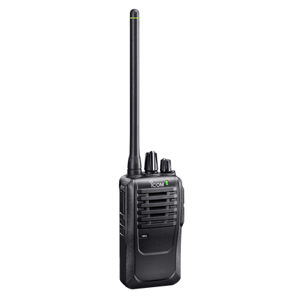 Black Icom V3MR Radio with long VHF antenna on left and two buttons on right; no display; front speaker