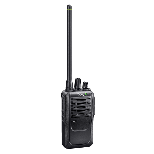 Black Icom V3MR Radio with long VHF antenna on left and two buttons on right; no display; front speaker