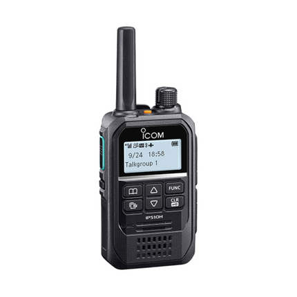 Side profile showing the PTT button and compact antenna on the Icom IP510H LTE radio.