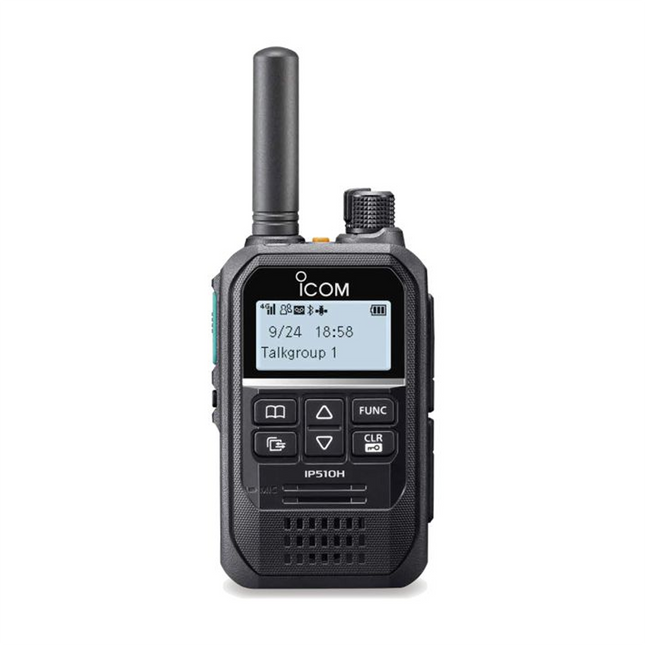 Front view of the Icom IP510H cellular and Wi-Fi hybrid IP portable radio with display screen.