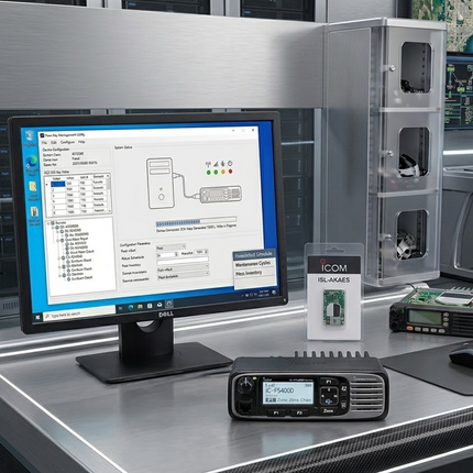 Icom F3400D digital handheld radio displaying secure encrypted channel mode activated via ISL-AKAES.