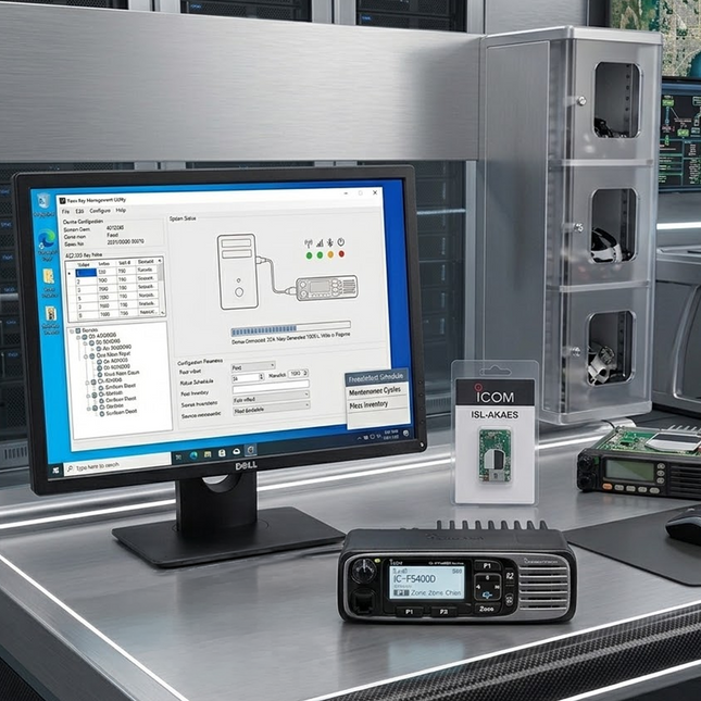 Icom F3400D digital handheld radio displaying secure encrypted channel mode activated via ISL-AKAES.