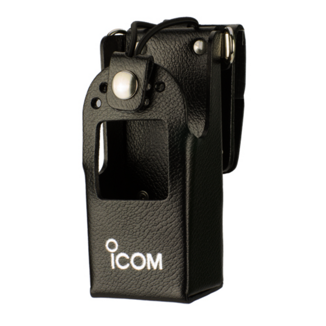 Front view of the black Icom LCF3261S SWIVEL leather carrying case detailing the clear display cutout window.