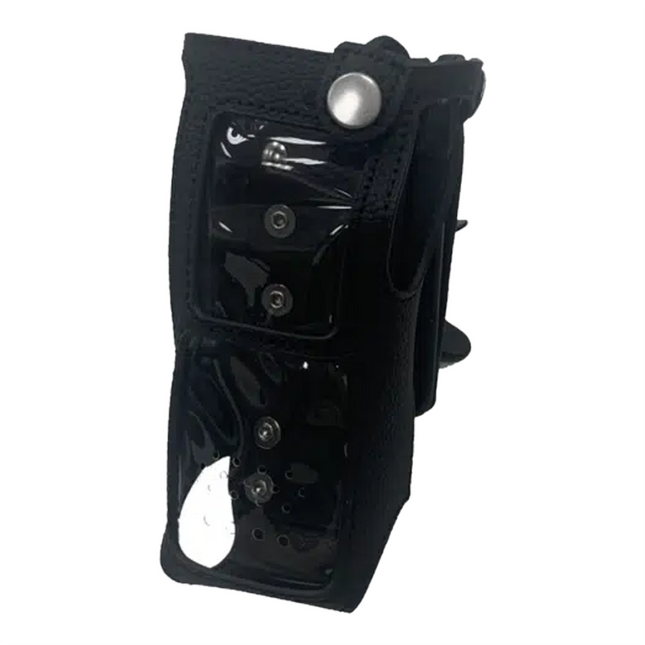 Front view of the Hytera LCY026 black leather carry case for HP7 series radios.