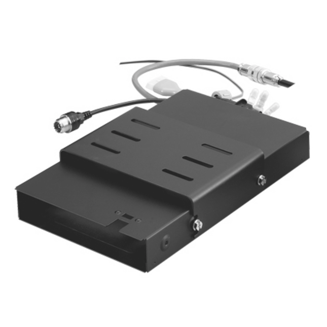 Full profile view of the complete Icom MB53 mobile mounting kit including the bracket and heavy duty wiring harness.