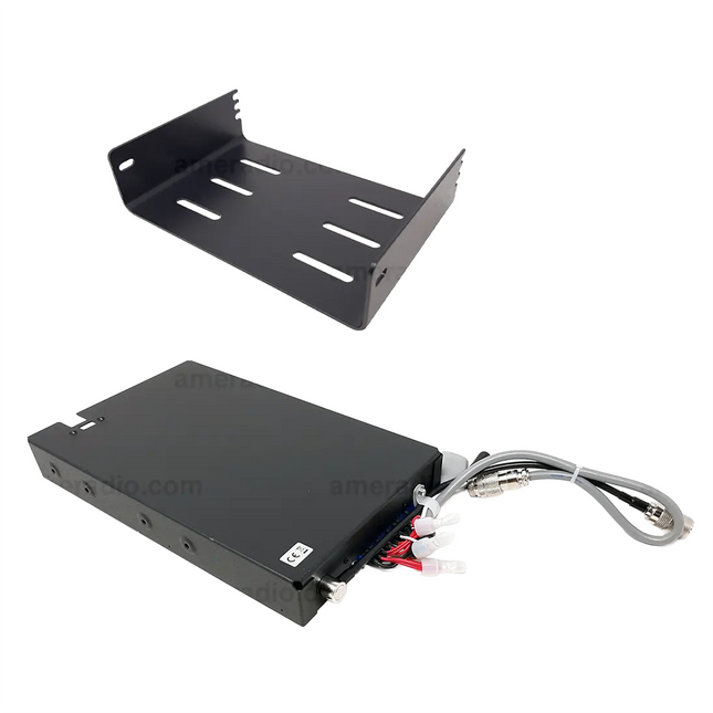 Rear adapter and speaker components laid out alongside the rugged metal bracket of an Icom MB53 mobile mount.