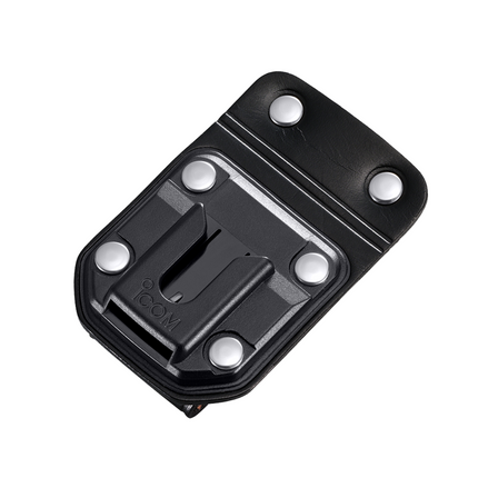 Close-up detail showing the quick-release swivel attachment post on the Icom MB96N belt hanger.