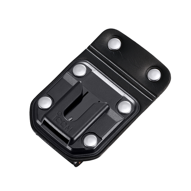 Close-up detail showing the quick-release swivel attachment post on the Icom MB96N belt hanger.