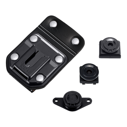 Front view of the Icom MB96N swivel belt hanger with leather belt loop for portable radios.