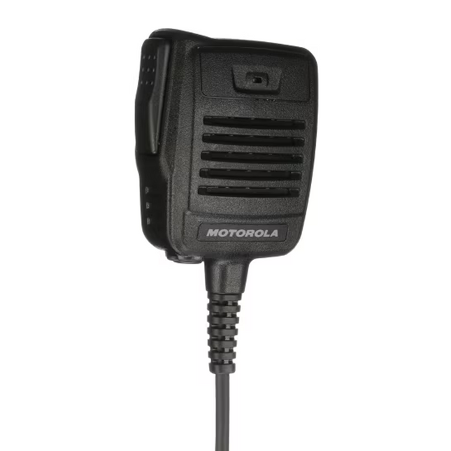 Front view of the black rugged Motorola MH-66F4B AAE46X509 remote speaker microphone highlighting the noise-canceling grill.