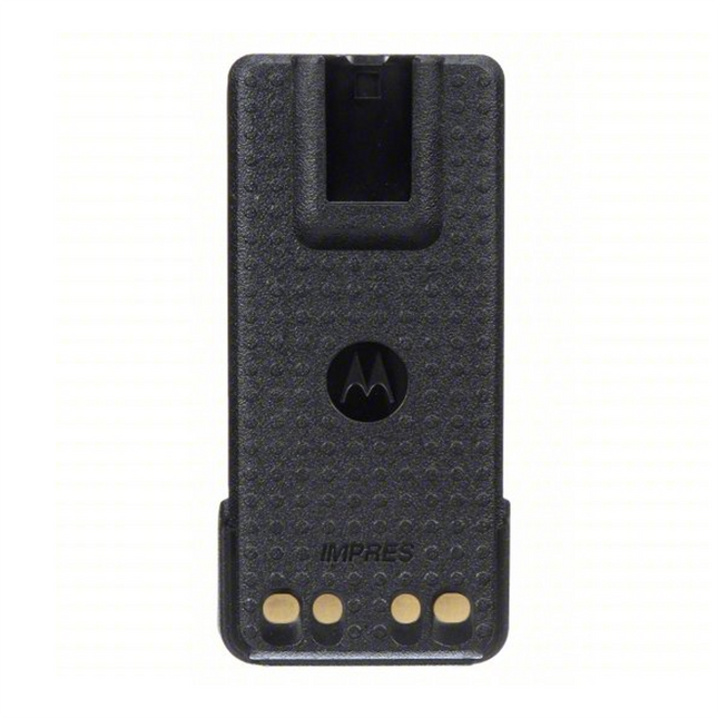 Rear angle showcasing the gold-plated telemetry interface contacts on the Motorola NNTN8128C battery.