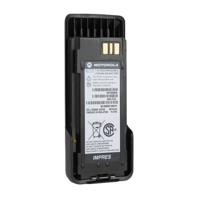 The genuine Motorola NNTN8386B IMPRES battery pack mounted seamlessly onto an intrinsically safe handheld radio.