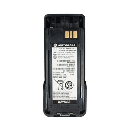 Rear view of a Motorola NNTN8386B battery pack showcasing the heavy duty charging contact plates and alignment rails.