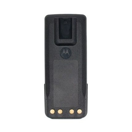 Front view of the black Motorola NNTN8386B IMPRES lithium ion battery highlighting its rugged outer structural casing.