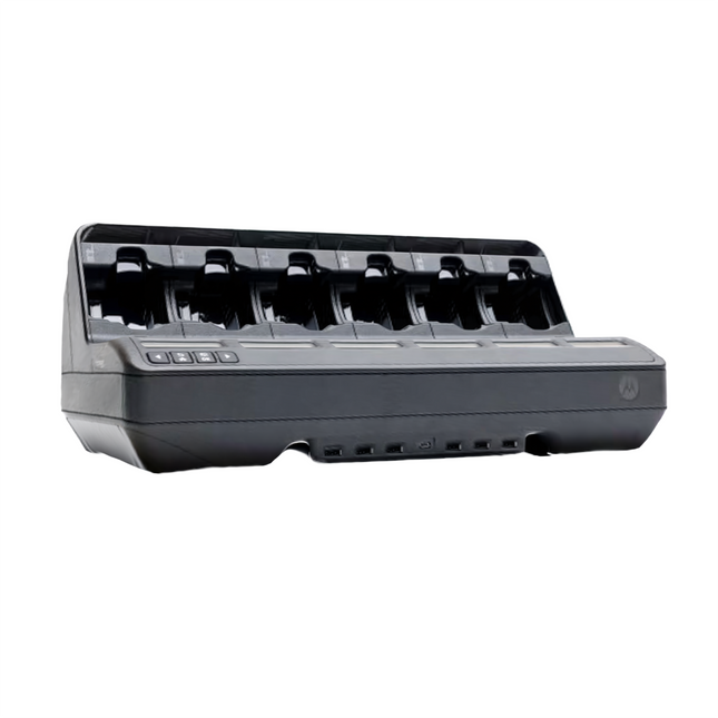 Front view of the black Motorola NNTN8844BTAA IMPRES 2 multi unit charger showing six pockets and independent LCD status displays.