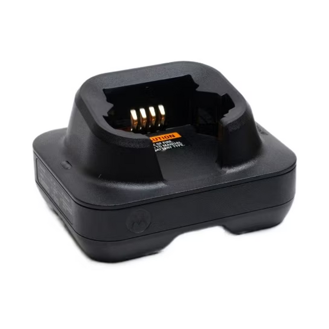 Side angle profile of the Motorola NNTN8864B charger detailing the dual built-in USB power accessory hubs.