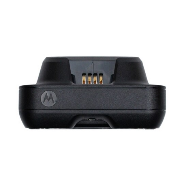 Front view of the Motorola NNTN8864B IMPRES 2 single unit charger base showing the main drop in radio docking slot.