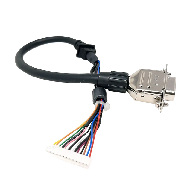 Close-up detail of the DB15 male connector and wiring harness on the Icom OPC1939 cable.