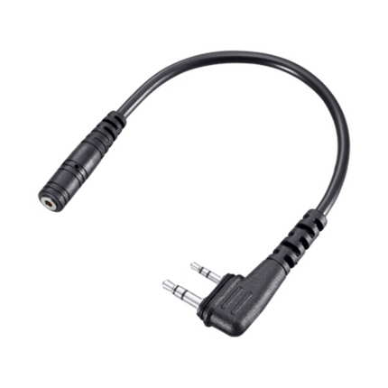 Front view of the black Icom OPC2006LS plug adapter cable showcasing the right-angle slim dual-pin radio connector.