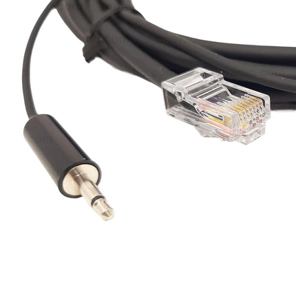 Close-up detail of the RJ-45 modular microphone plug and 3.5mm speaker jack on the OPC2275 cable.