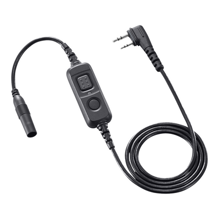 Front view of the Icom OPC2328 PTT switch cable showing inline push-to-talk button and 2-pin L-type connector.