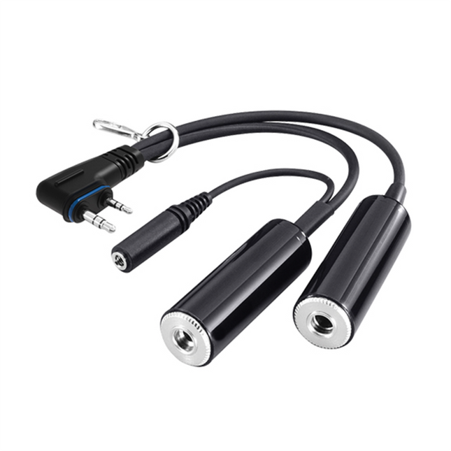 Front view of the black Icom OPC-2379 headset adapter cable showing its 2 pin slim L type connector and split GA audio sockets.