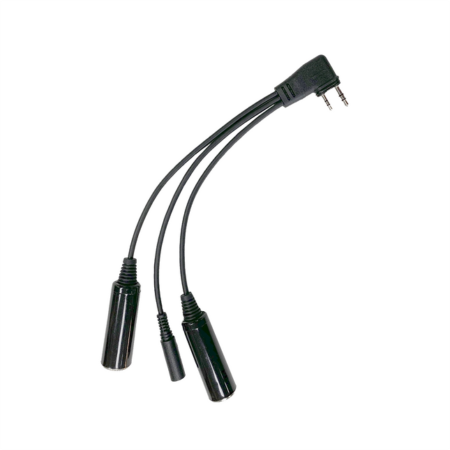Detail view of the 3.5 mm auxiliary stereo socket for external PTT switch connection on the side of an Icom OPC-2379 cable.