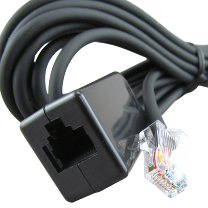 Close-up detail of the modular RJ-45 male and female connectors on the Icom OPC440 cable.