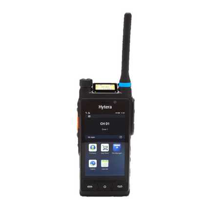 Front view of the Hytera PDC760 multi mode advanced radio displaying its large main touchscreen and top status screen.