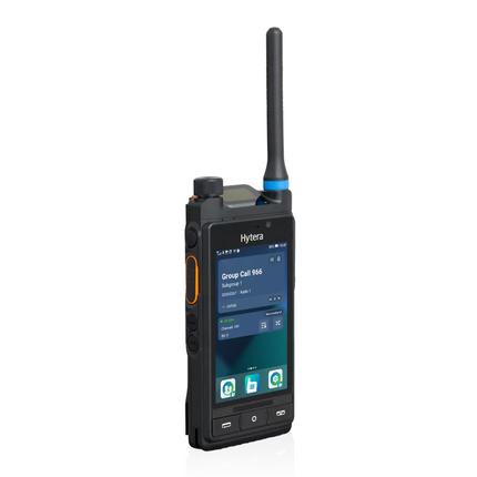 Other view of the Hytera PDC760 dual mode transceiver highlighting the integrated 13MP camera lens and battery lock.