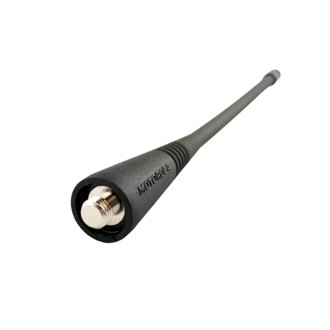 Side angle view of a genuine Motorola PMAE4016A Whip Antenna showing its tapered layout design.