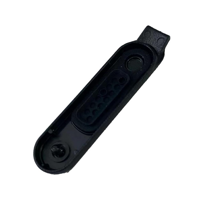 Rear view of the genuine Motorola PMHN4429A Side Connector Dust Cover for MOTOTRBO R7 highlighting its flexible locking tab.