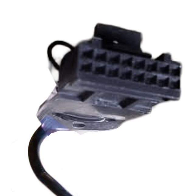 Close up shot of the rear 16 pin block plug interface on the genuine Motorola PMKN4151A accessory integration cable.