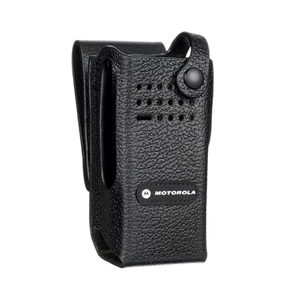Front view of the Motorola PMLN5846A hard leather radio carry case with 3-inch swivel belt loop.