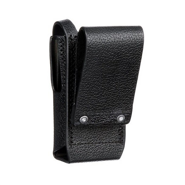 Side profile view showing top-grain leather construction on the Motorola PMLN5846A carry case.