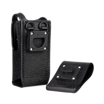 Close-up detail of the 3-inch swivel belt loop latch mechanism on the Motorola PMLN5846A leather case.