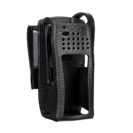 Front view of the Motorola PMLN6085A hard leather carry case for APX series portable radios.
