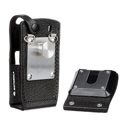 Close-up detail of the heavy-duty 2.5-inch swivel belt loop attachment on the Motorola PMLN6085A leather case.