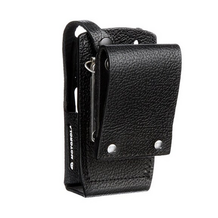 Back view showing the top-grain hard leather construction of the Motorola PMLN6085A case.