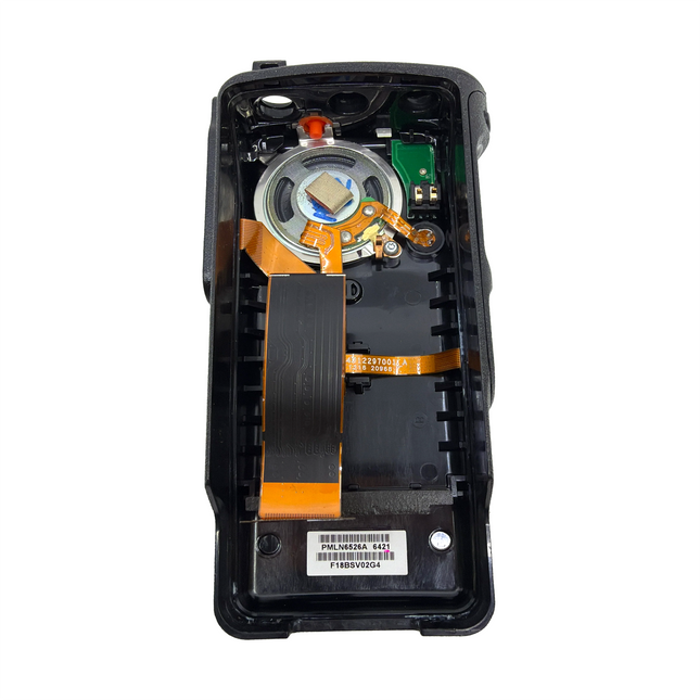Internal view of the Motorola PMLN6111A front cover showing integrated speaker and flex connections.