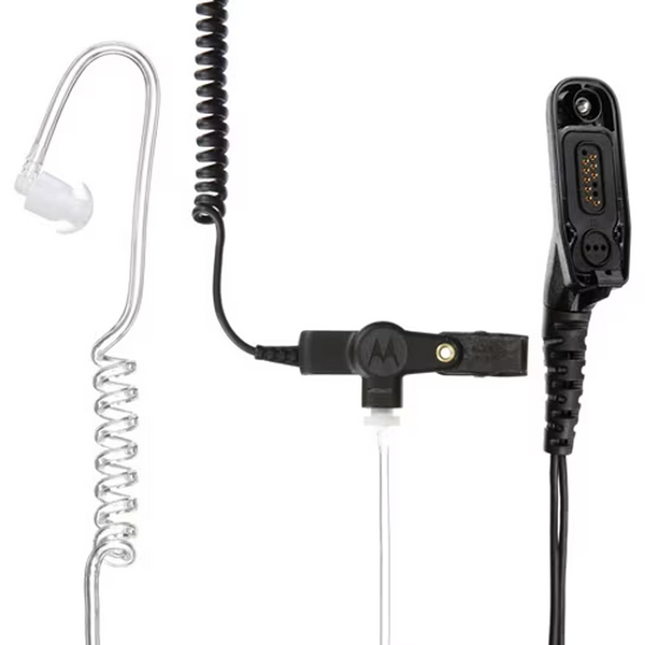 Close-up detail of the combined microphone and PTT switch on the Motorola PMLN6129A earpiece cable.