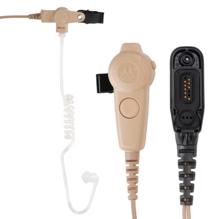 Full view of the Motorola PMLN6130A beige IMPRES 2-wire surveillance kit with clear acoustic tube.