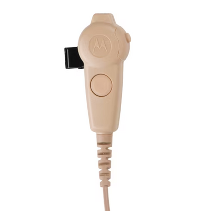 Close-up of the beige in-line microphone capsule and Push-To-Talk button on Motorola PMLN6130A.