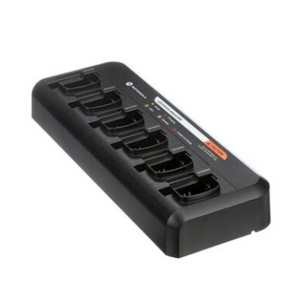 Motorola PMLN6588A Multi-Unit Desktop Charger showing a portable radio docked inside an alignment cup profile.