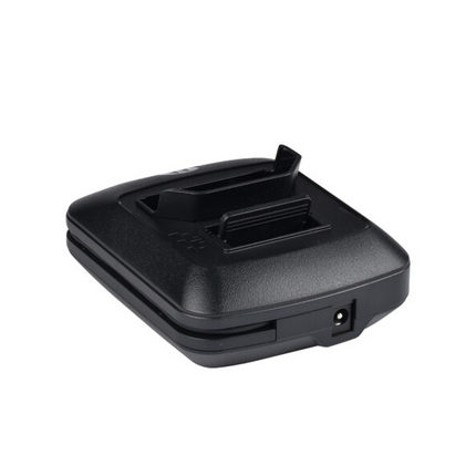 Rear profile of the Motorola PMLN6701A desktop charging base detailing the power supply input jack configuration.