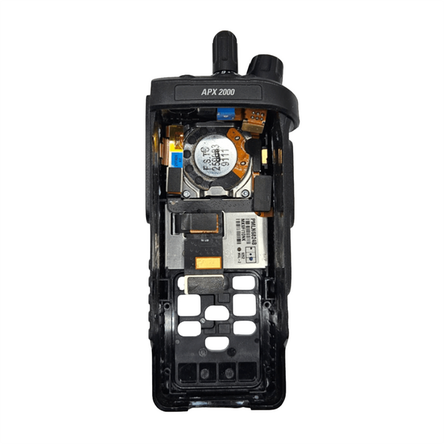 Rear interior view of a Motorola PMLN6824A replacement housing showing structural alignment tabs and internal contact tracks.