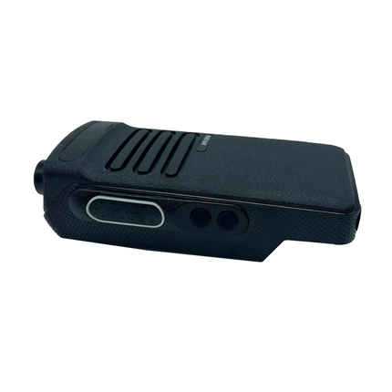 Side profile of the non-keypad Motorola PMLN7272A cover housing showing textured grip and push-to-talk button area.