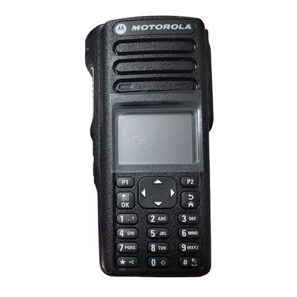 Front view of the Motorola PMLN7425B full keypad front housing assembly kit with display window.